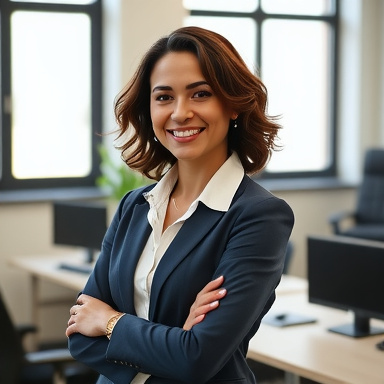 professional portrait of a hispanic woman in her 30s, smiling, wearing business casual attire, office background, friendly expression