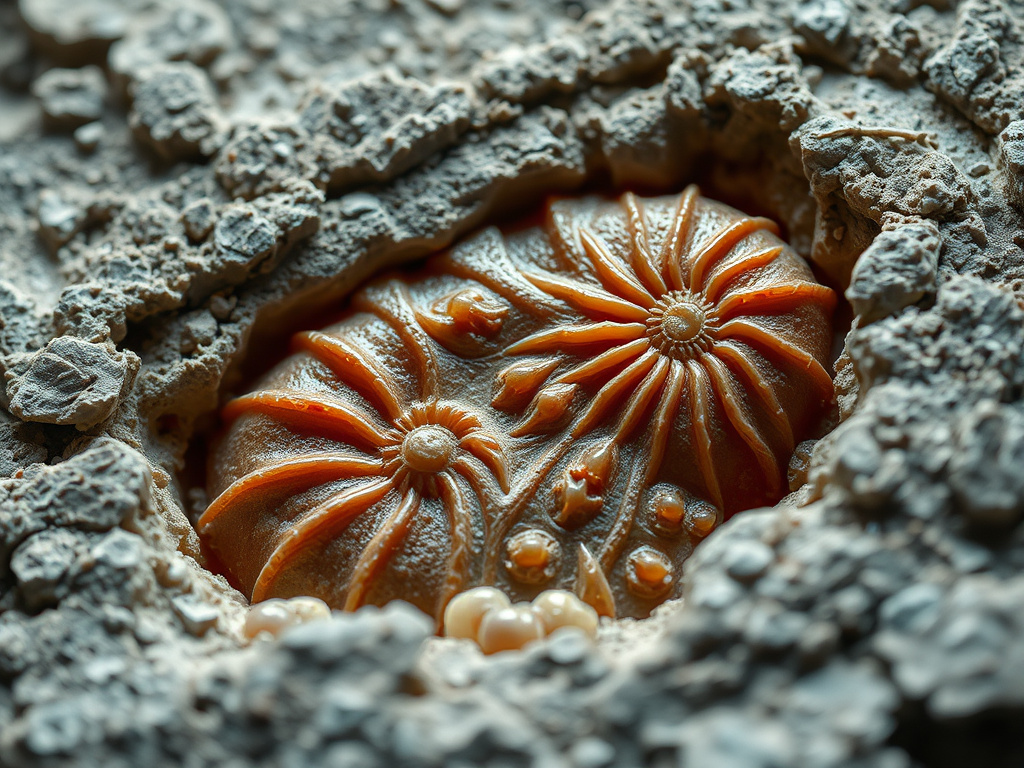 Close-up of a perfectly preserved fossil embedded in a sedimentary rock, corporate aesthetic, cool color tone, focused lighting