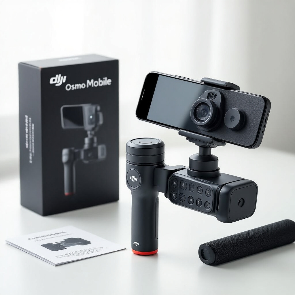 Create a realistic image of a DJI Osmo Mobile 7P smartphone gimbal stabilizer being set up, with the device partially assembled and a smartphone being mounted on the holder, against a clean white desktop surface with the product box and instruction manual visible nearby, in bright natural lighting, showing the detailed buttons and controls of the gimbal.| gadgetsyte.com