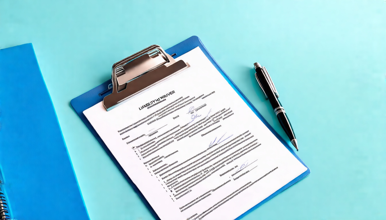  professional legal document with pen on clipboard, liability waiver essentials, clean minimal background
