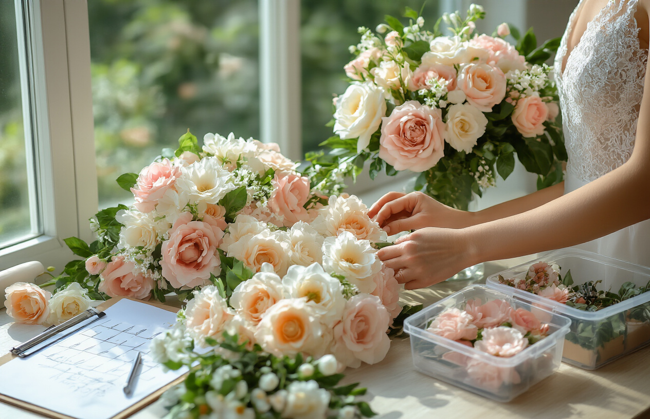 Create a realistic image of hands (female, white) efficiently arranging artificial flowers on a wedding table, with a half-completed floral centerpiece, scattered silk flowers, a time management checklist, and organized supplies in clear containers, all bathed in bright natural light from a nearby window, conveying a productive and time-saving wedding preparation atmosphere.