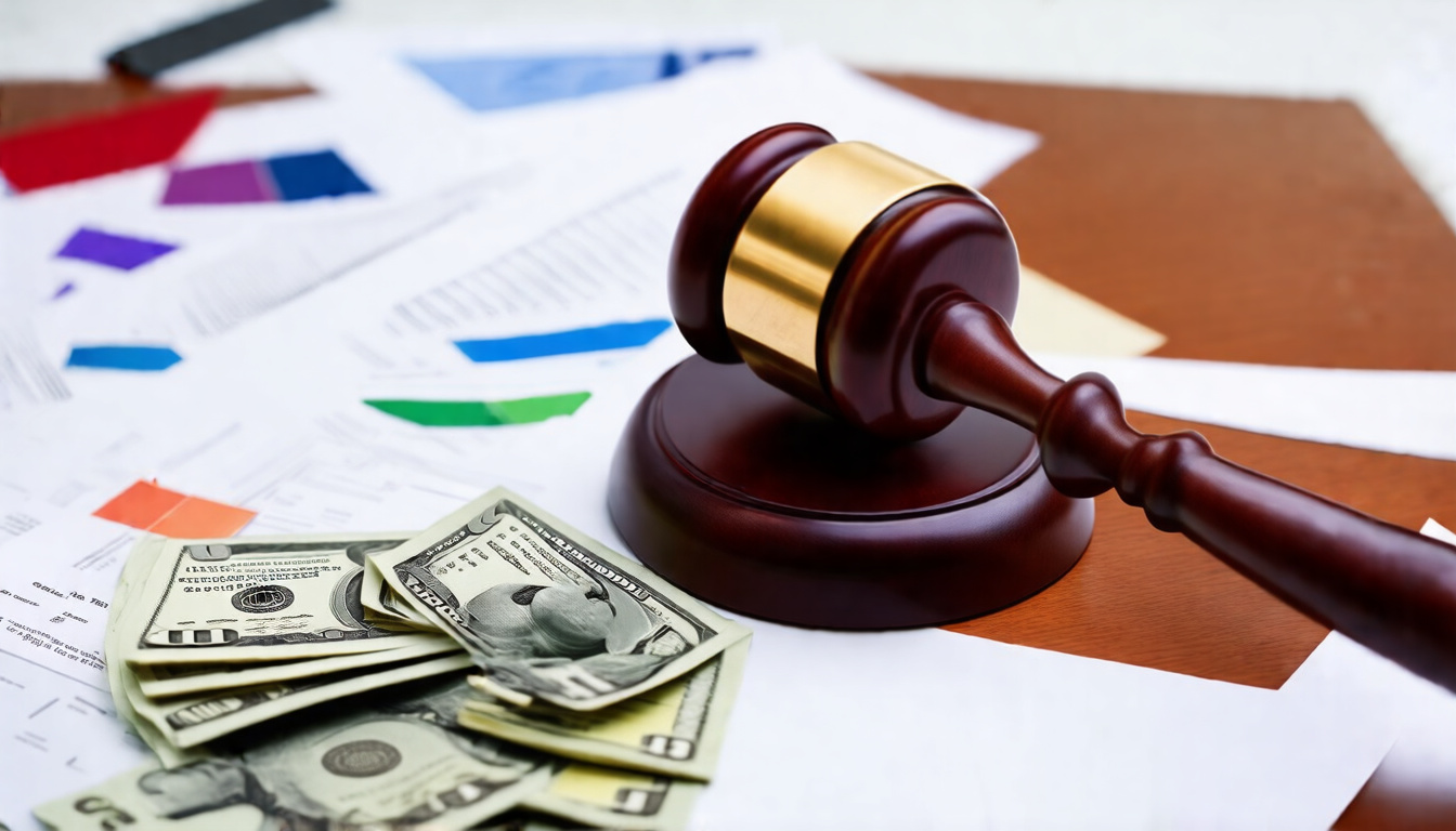  Close-up of gavel hitting sound block, money and contract papers scattered on desk