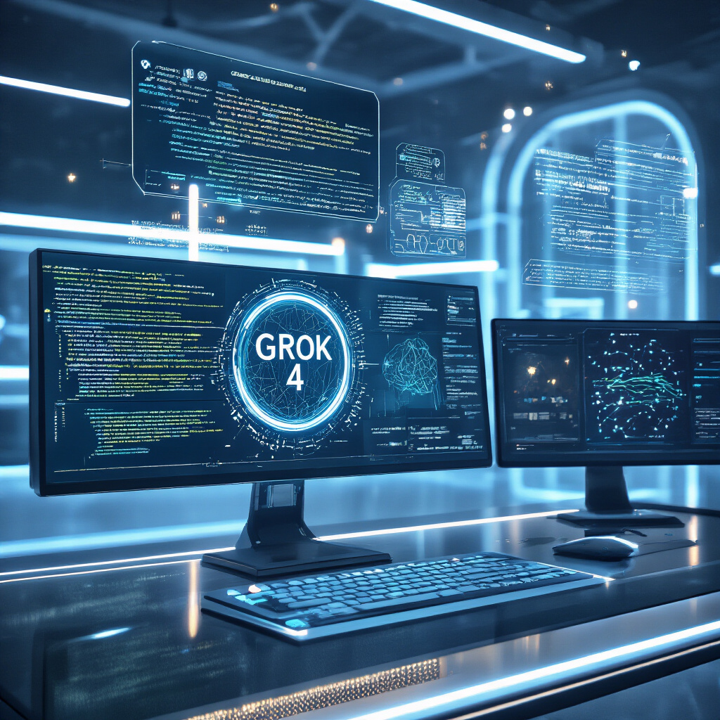 Create a realistic image of an advanced AI interface displaying "Grok 4" with futuristic holographic elements, showing code and neural network visualizations floating above a sleek, modern computer setup with multiple screens, bathed in cool blue lighting with subtle glowing accents, conveying sophisticated technology and evolution.