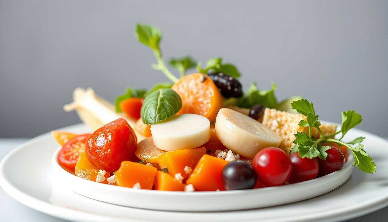 A balanced plate with diverse nutrient sources, detailed textures