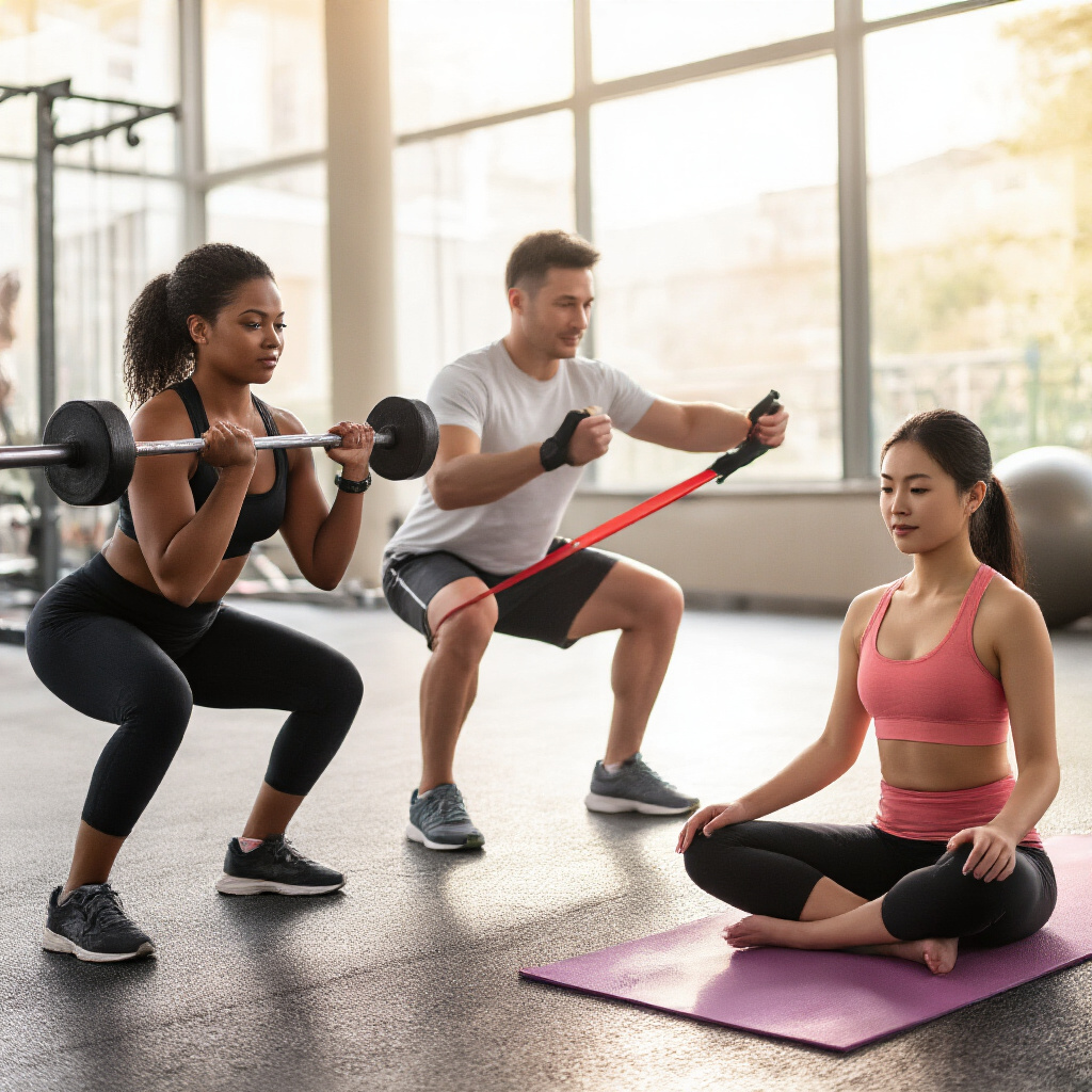 Create a realistic image of a diverse group of people in a modern gym setting, showing a mix of ages and fitness levels engaged in various exercises – a black female lifting weights, a white male using resistance bands, and an Asian female on a yoga mat stretching, all with determined expressions, natural lighting streaming through large windows, workout equipment visible in the background, conveying strength, health, and physical wellness.