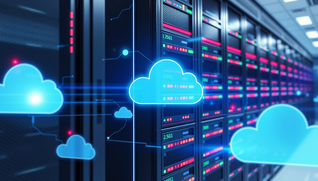  Futuristic server rack with digital overlays and cloud icons