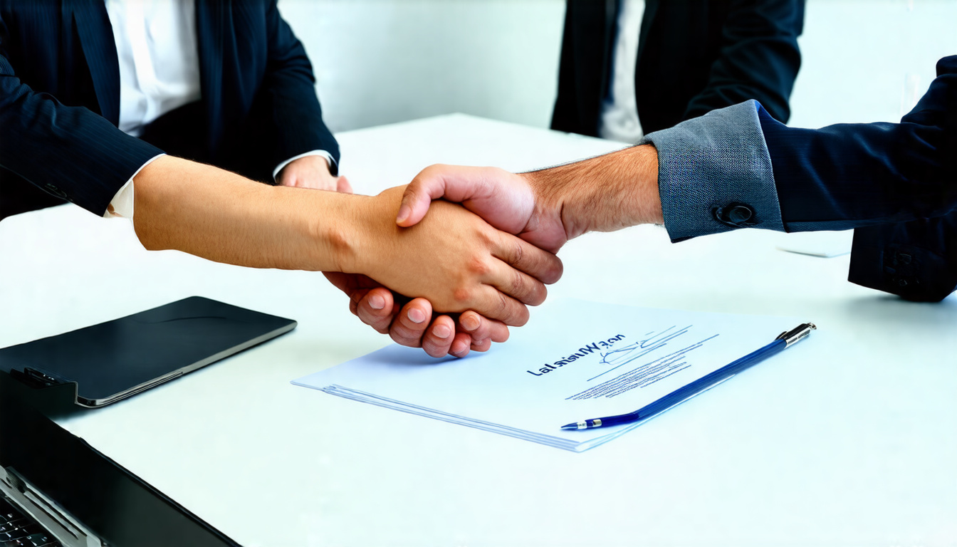  professional handshake over signed liability waiver, confident business partners, sleek workspace background