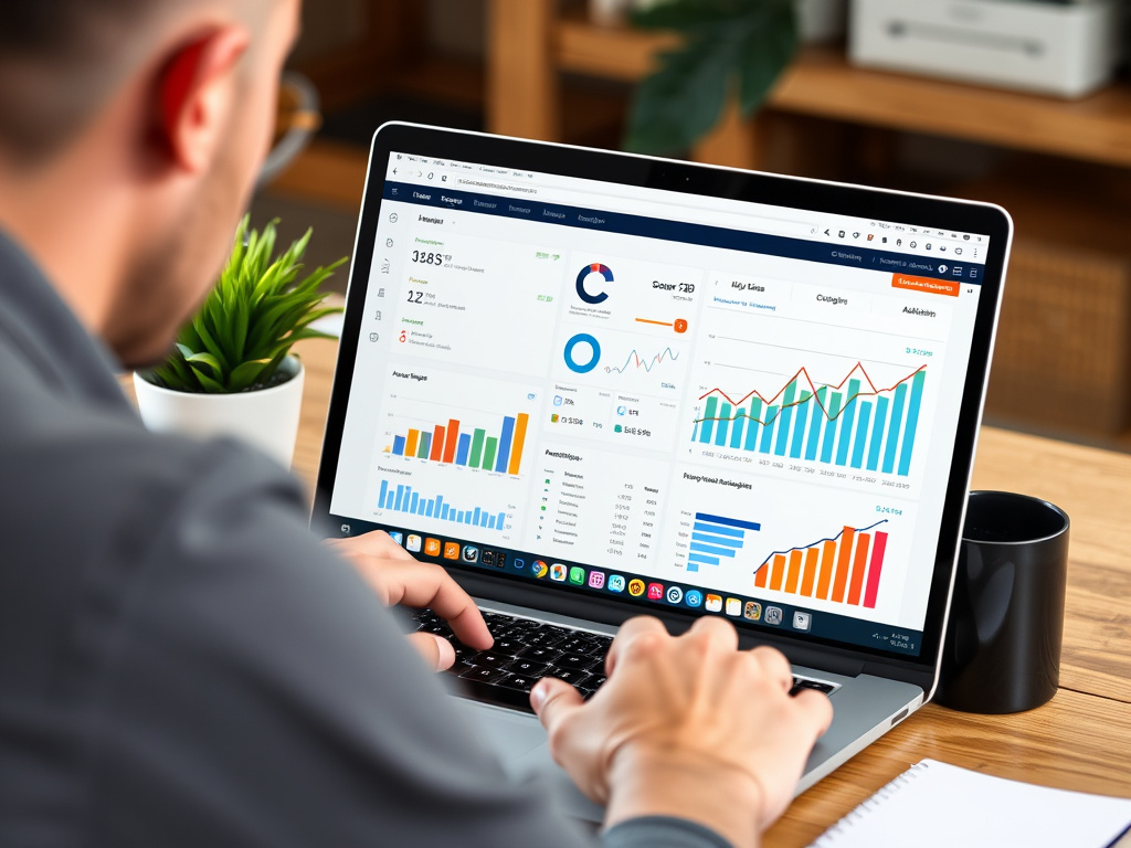 professional blogger working on a laptop with SEO tools and analytics on screen