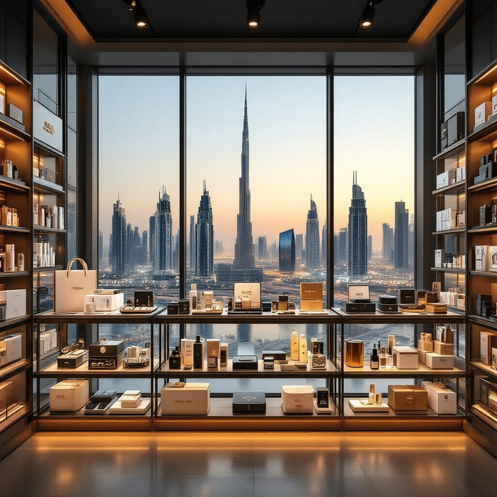 Create a realistic image of a diverse array of electronics, fashion items, home goods, and beauty products neatly arranged on modern display shelves with the Dubai skyline visible through large windows in the background, warm lighting highlighting the premium products, with a mix of Middle Eastern and international brands visible on packaging, capturing the essence of a comprehensive online shopping destination.