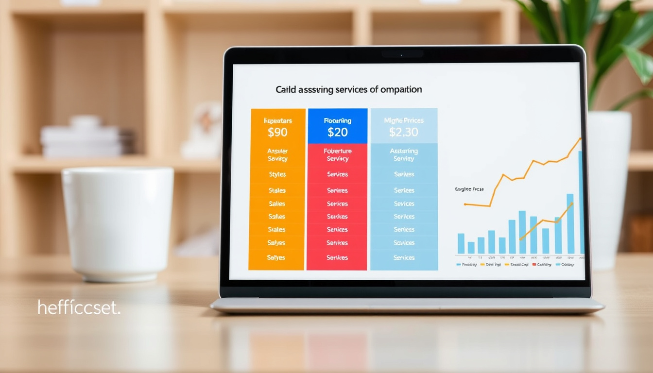  Comparison of pricing plans for answering services, clear charts and graphs on laptop screen