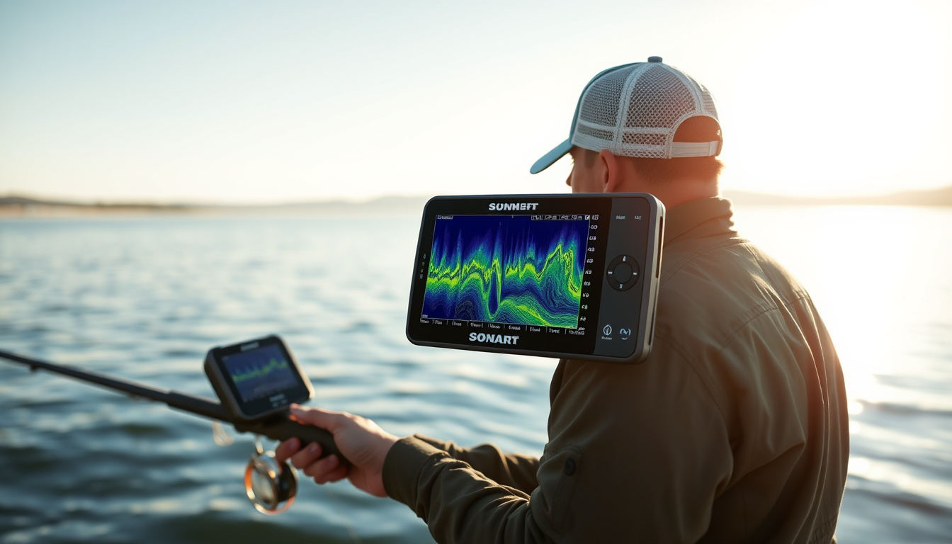  angler using advanced sonar fish finder, bright lake setting, early morning light, detailed digital interface