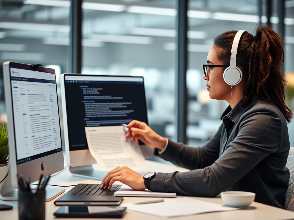 professional content strategist analyzing website content structure with focus on keyword placement in a modern office setting