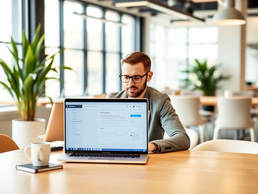 content strategist working on content optimization on a laptop with SEO tools open in a modern office setting