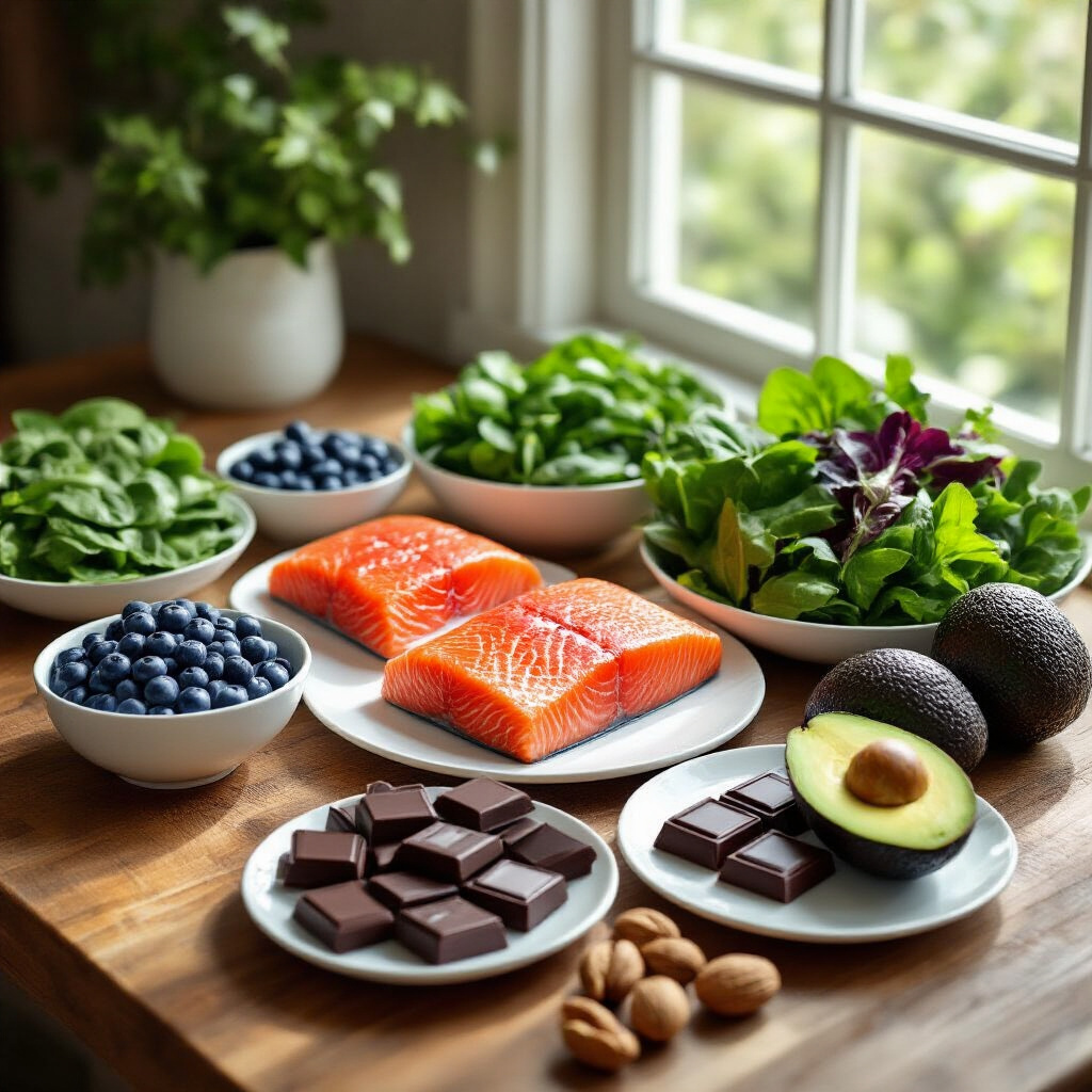 Create a realistic image of a wooden table with an assortment of brain-boosting foods including omega-3 rich salmon, vibrant blueberries, dark leafy greens, walnuts, avocados, and dark chocolate squares, arranged attractively on white plates with natural lighting streaming in from a window, creating a fresh and appetizing mood that suggests healthy eating for cognitive function.