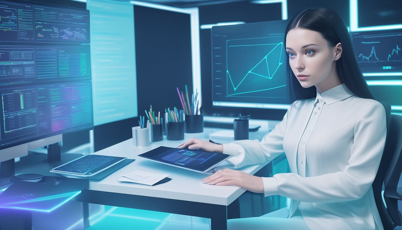 sleek analyst studying crypto trends on holographic interface in modern office