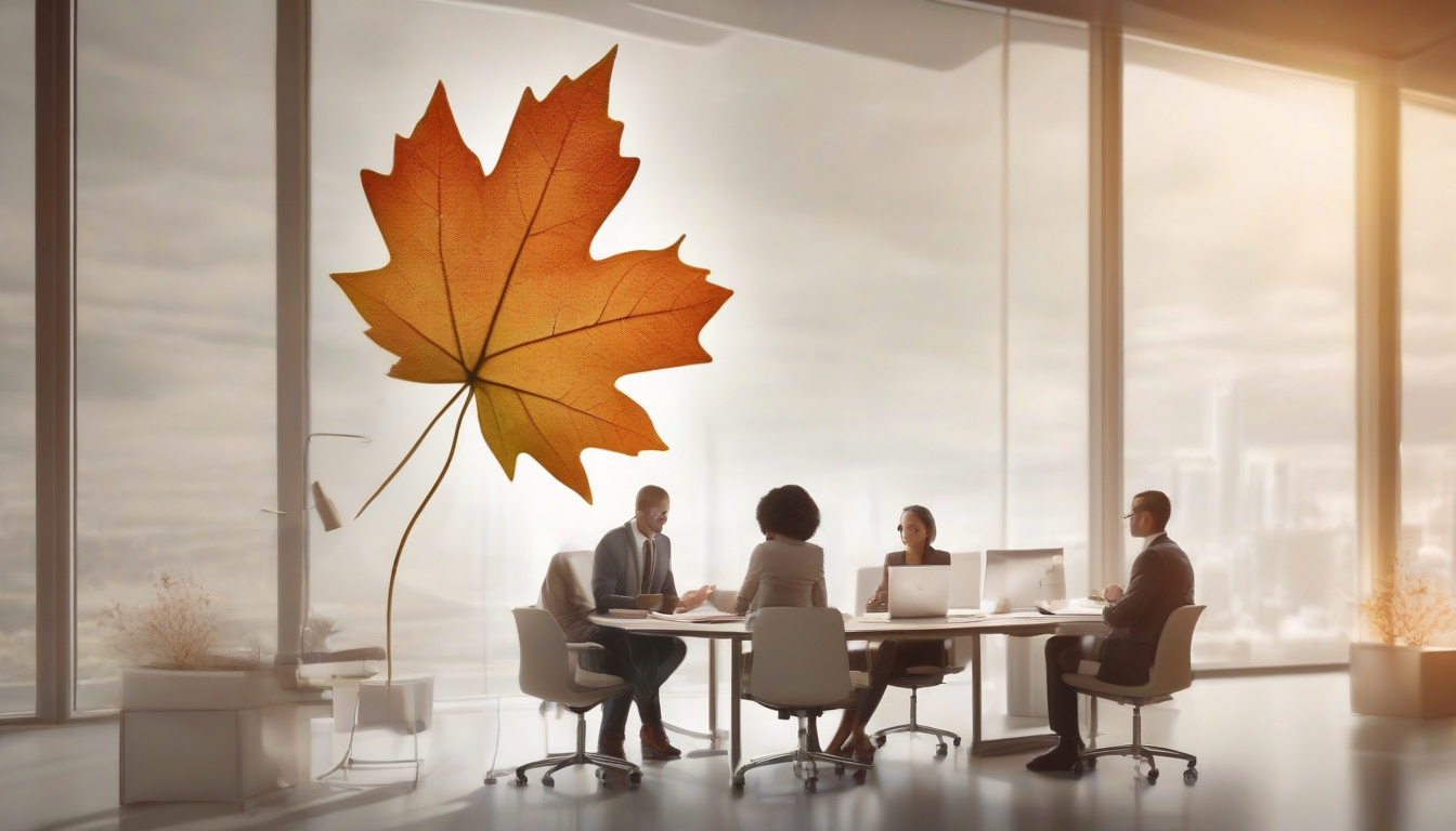  diverse professionals analyzing credit reports, maple leaf symbol glowing bright
