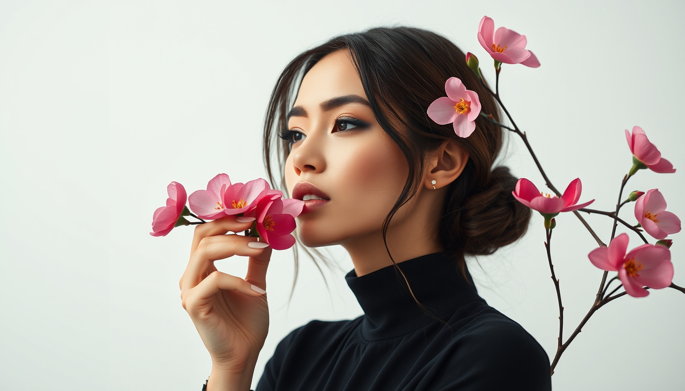 Elegant person savoring a rich aromatic scent with blooming flowers —no extra words
