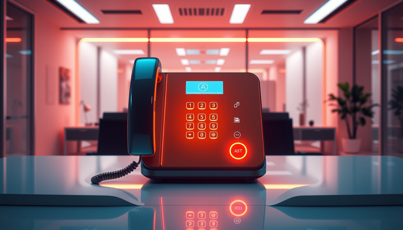  futuristic AI-powered phone system glowing in a sleek office space, customer satisfaction concept