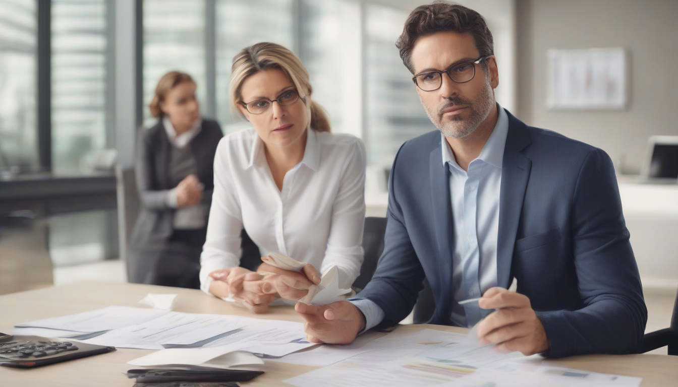  Professional financial advisor explaining debt management steps, modern office, confident expressions