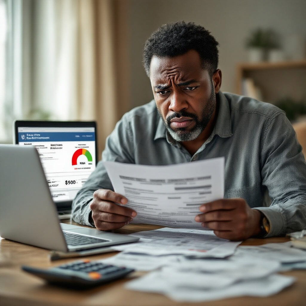 Create a realistic image of a frustrated middle-aged black male looking concerned while examining a credit report document with a visible low credit score highlighted in red, sitting at a home office desk with a laptop showing a credit monitoring website, a calculator nearby, and bills scattered around, with soft indoor lighting creating a tense atmosphere.