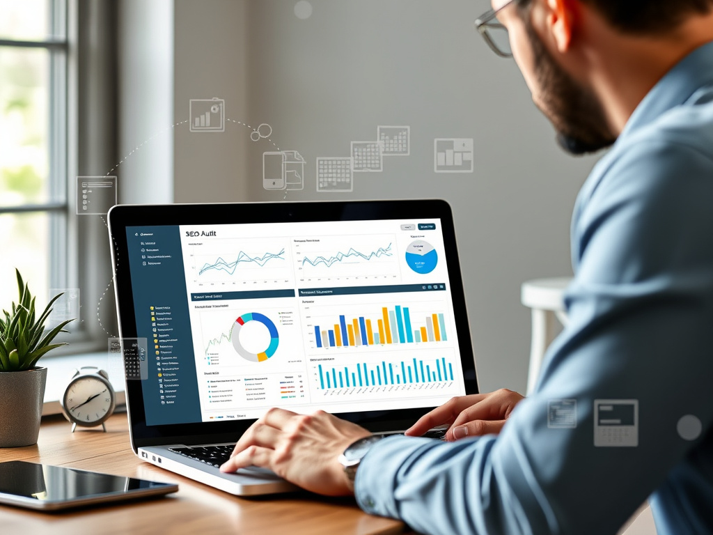 digital marketing professional analyzing SEO audit report on a laptop with charts and data overlays