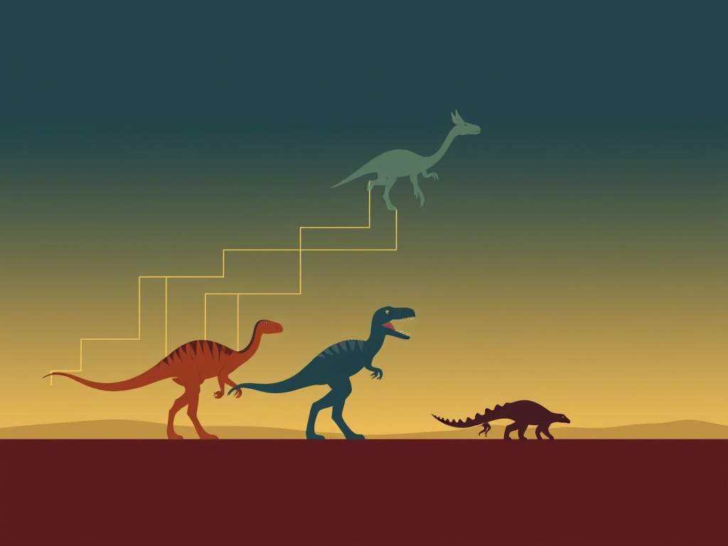 An abstract corporate illustration representing a phylogenetic tree of dinosaurs. Use clean lines and a sophisticated color palette. The illustration should convey a sense of scientific order and evolution.