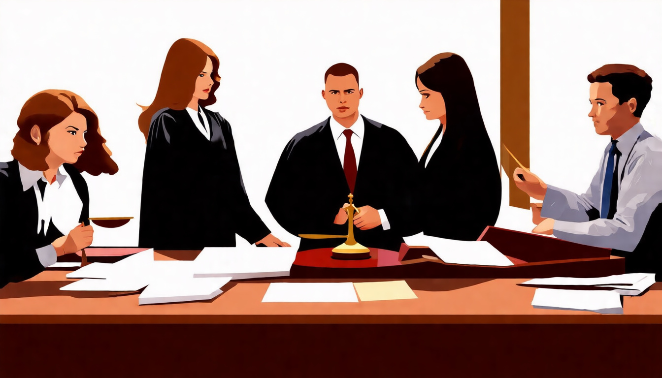  courtroom scene with balanced scales of justice, judge, and legal team strategizing over documents