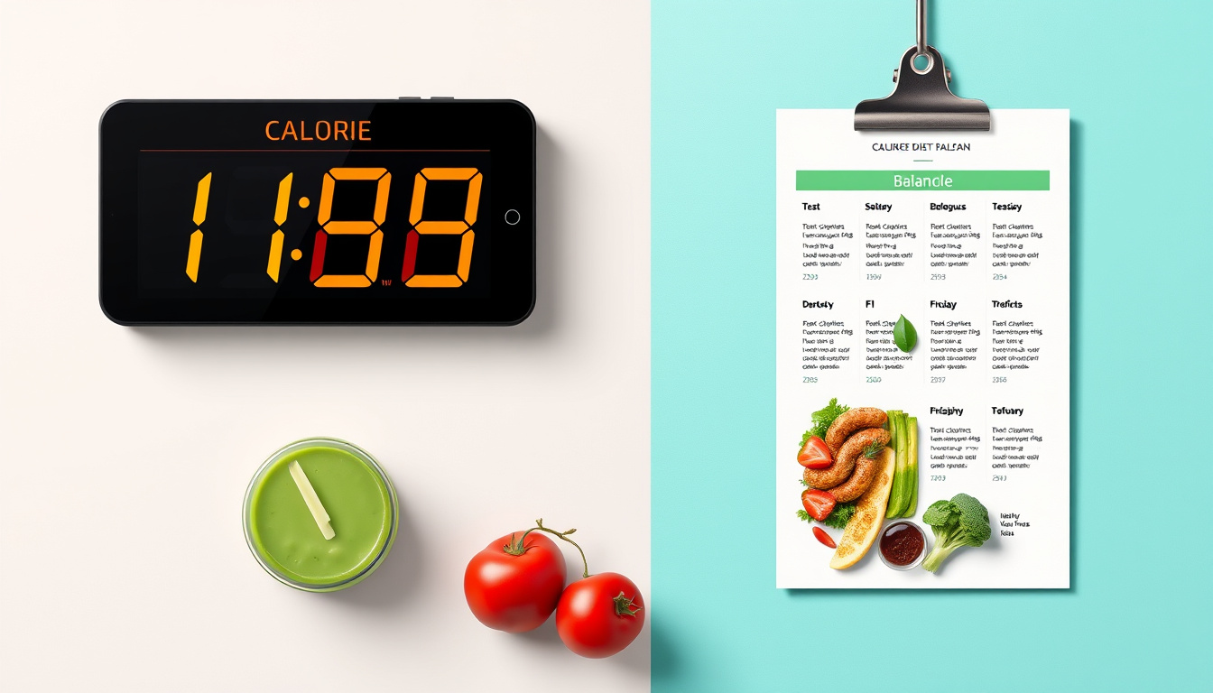  fitness concept with digital calorie counter and balanced diet meal plan