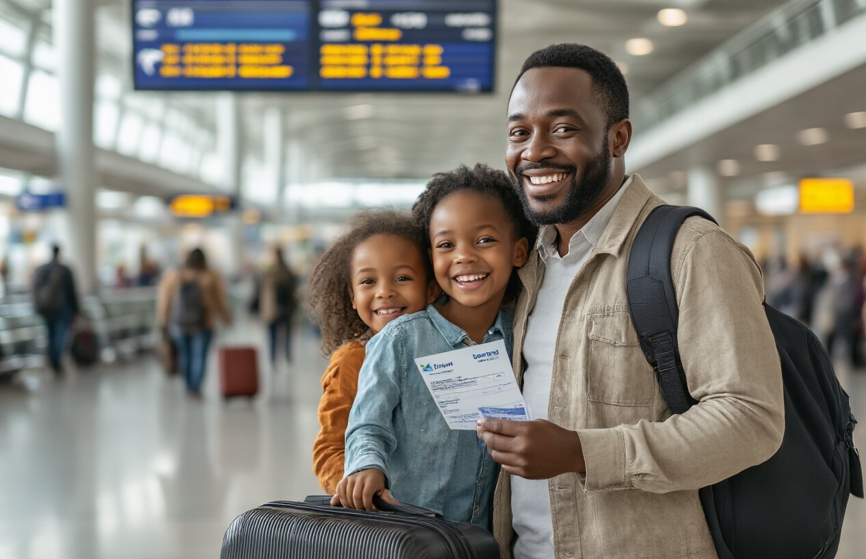 Create a realistic image of a smiling African family with a couple and two children standing at an airport terminal, looking relieved and happy, with travel insurance documents and boarding passes visible in the father's hand, luggage beside them, and a departure board showing African destinations in the background, conveying peace of mind and security.