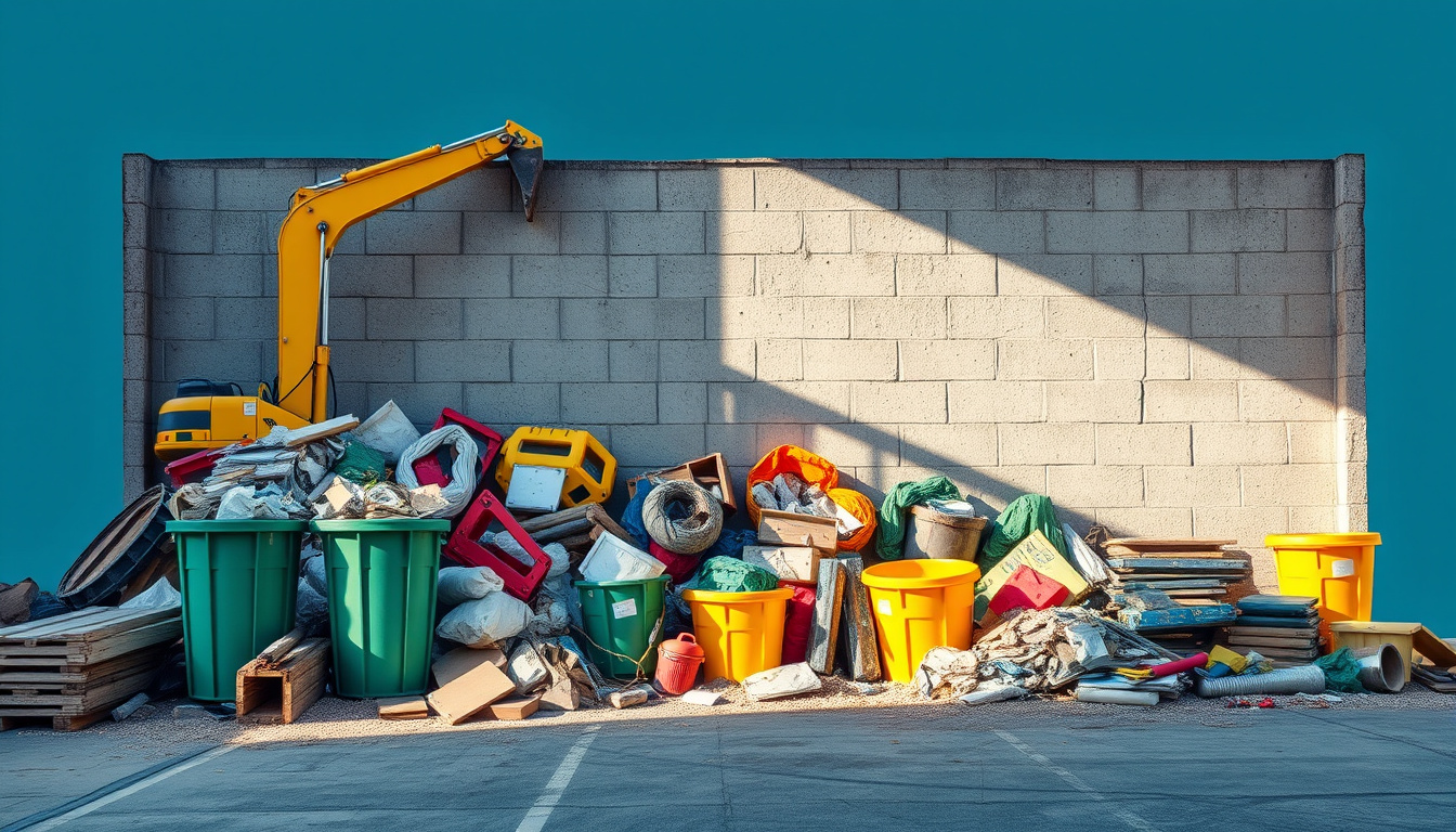  organized demolition site with waste recycling and sorted construction materials