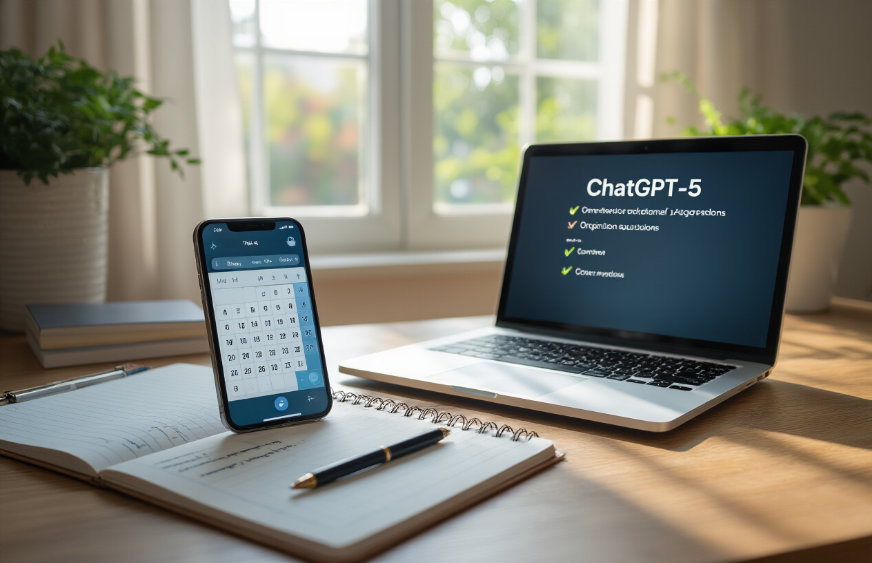 Create a realistic image of a desk workspace with a smartphone displaying a digital calendar app, a to-do list notebook with checkmarks, and a laptop showing ChatGPT-5 interface with organization suggestions, all bathed in soft natural light from a nearby window, conveying a sense of productivity and personal organization.