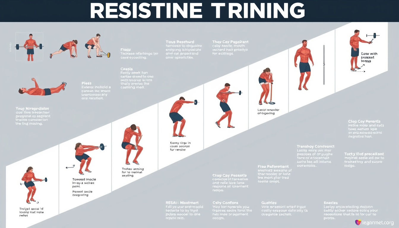  A detailed infographic of resistance training exercises with muscle diagrams