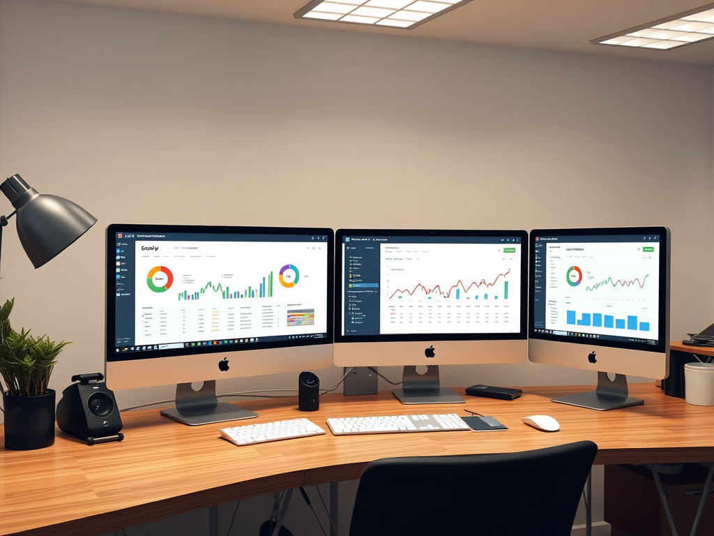 professional digital marketing workspace with multiple SEO tool dashboards displayed on screens