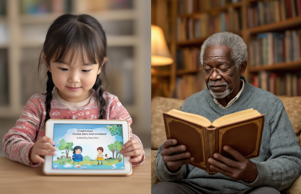 Create a realistic image of a split-screen view showing a young female Asian child engaged with a tablet displaying a digital storybook on the left side, while on the right side, an elderly black male is reading a traditional hardcover storybook to the same child, with both scenes having warm, inviting lighting to highlight the contrast between digital and traditional storytelling methods.