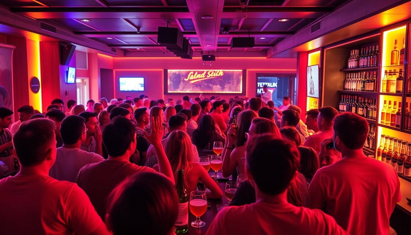 Crowd showing responsible drinking habits at a vibrant bar —no excess alcohol bottles