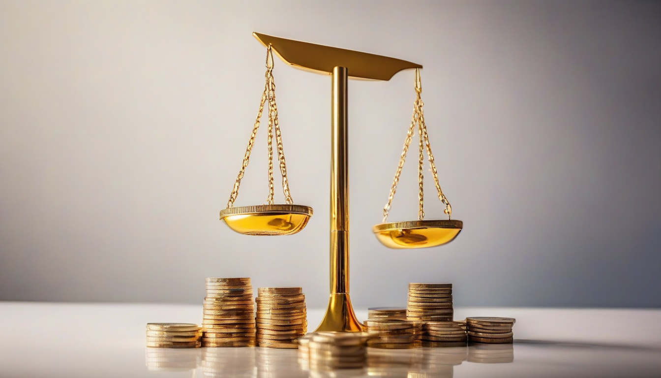  golden scales balancing house model and money coins in modern office lighting