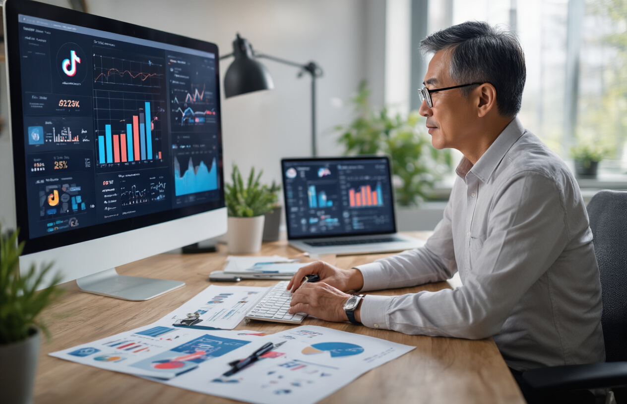 Create a realistic image of a thoughtful, middle-aged Asian male marketing executive sitting at a modern desk, analyzing TikTok analytics on a large screen, with B2B marketing materials and strategy documents spread across the desk, soft office lighting creating a professional atmosphere, symbolizing strategic decision-making about TikTok for business marketing.