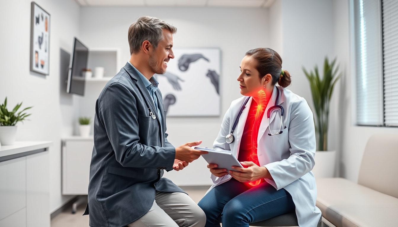  Patient consulting doctor for sciatic neuropathy treatment in modern clinic setting