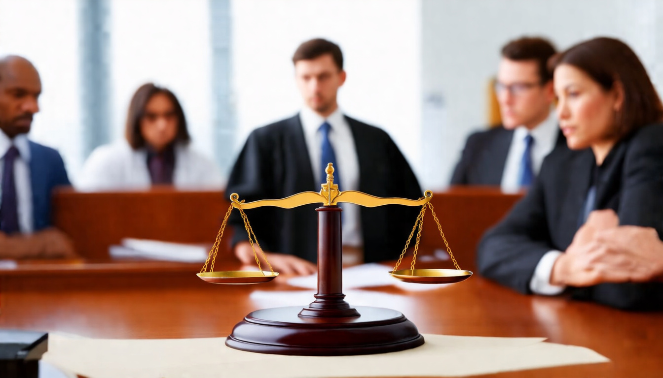  courtroom scene with diverse people, judge and lawyer discussing liability claim, balanced scales of justice in foreground