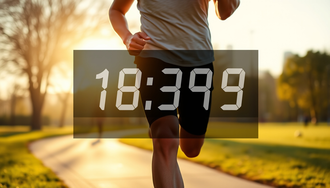  athletic person jogging outdoors with calorie counter overlay, sunny morning scene