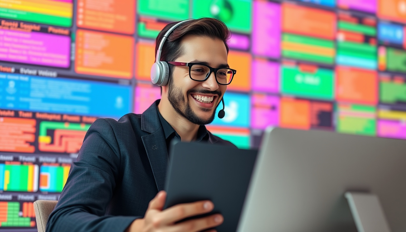  happy customer receiving tech support on phone, smiling, colorful digital interface background