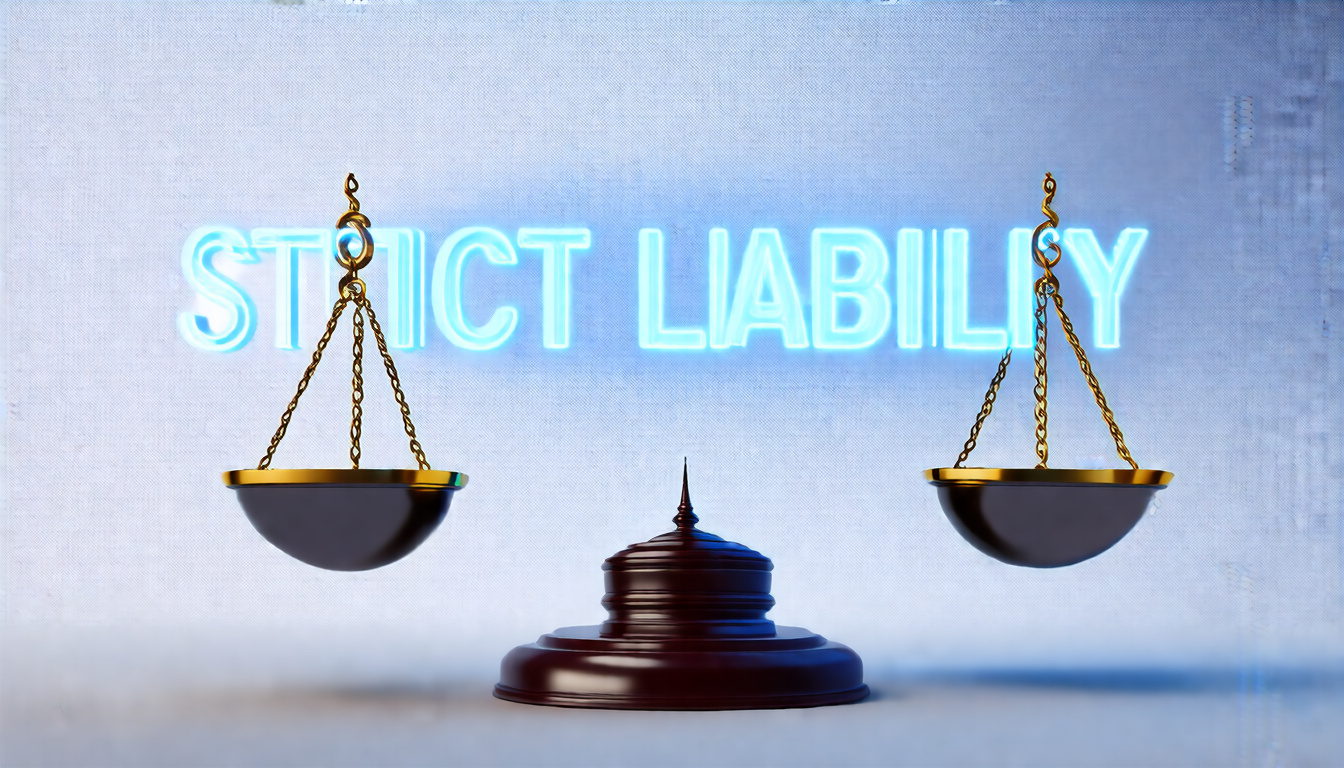  abstract legal concept art, glowing strict liability text hovering above balanced scales and courthouse columns