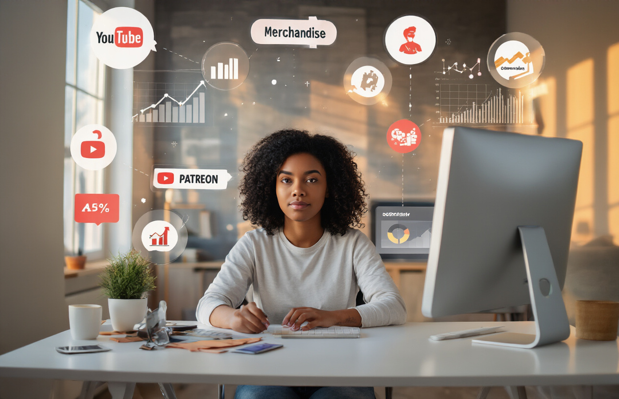 Create a realistic image of a focused young Black female content creator sitting at a modern desk with multiple income stream icons floating above her computer screen showing YouTube, Patreon, merchandise, and sponsorship symbols, with analytics graphs trending upward in the background, warm lighting creating an optimistic atmosphere, suggesting adaptation and diversification of revenue sources.