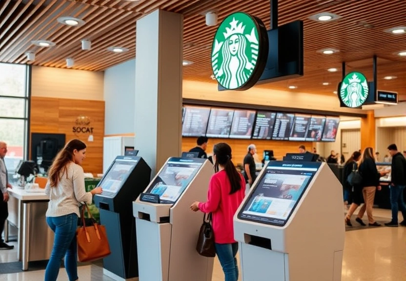 Representação visual de Starbucks Unveils New Ordering Kiosks at High-Traffic US Airports