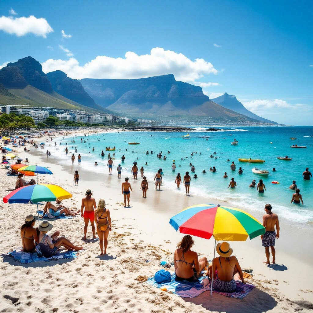 Create a realistic image of a sunlit beach in Cape Town, South Africa during summer, with a diverse group of tourists (black and white, male and female) enjoying beach activities, some swimming in the crystal-clear ocean, others relaxing under colorful umbrellas, Table Mountain visible in the background, bright blue sky with a few clouds, capturing the vibrant atmosphere of peak tourist season.