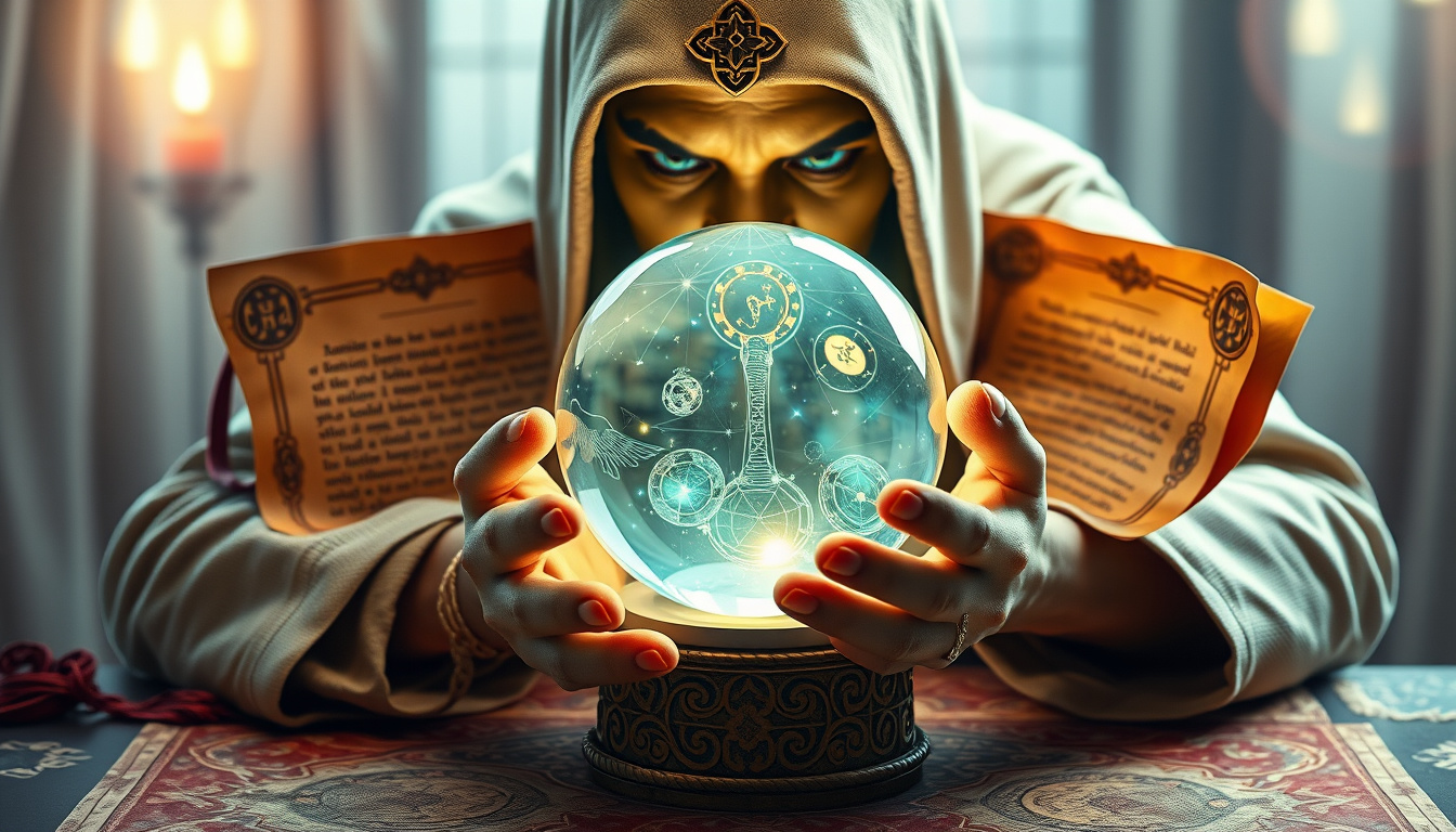  Wise fortune teller with crystal ball, ancient scrolls, futuristic holographic interface, mysterious ambiance