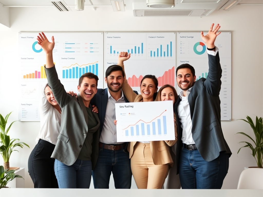 professional digital marketing team celebrating successful SEO results with charts and dashboards