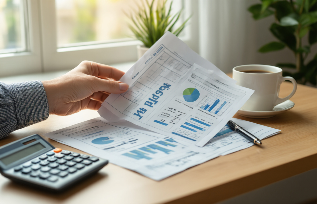 Create a realistic image of a person's hand organizing financial documents, budget spreadsheets, and a calculator on a clean desk, with a small plant and a cup of coffee nearby, soft natural lighting coming through a window, conveying a sense of organization, planning, and financial security.