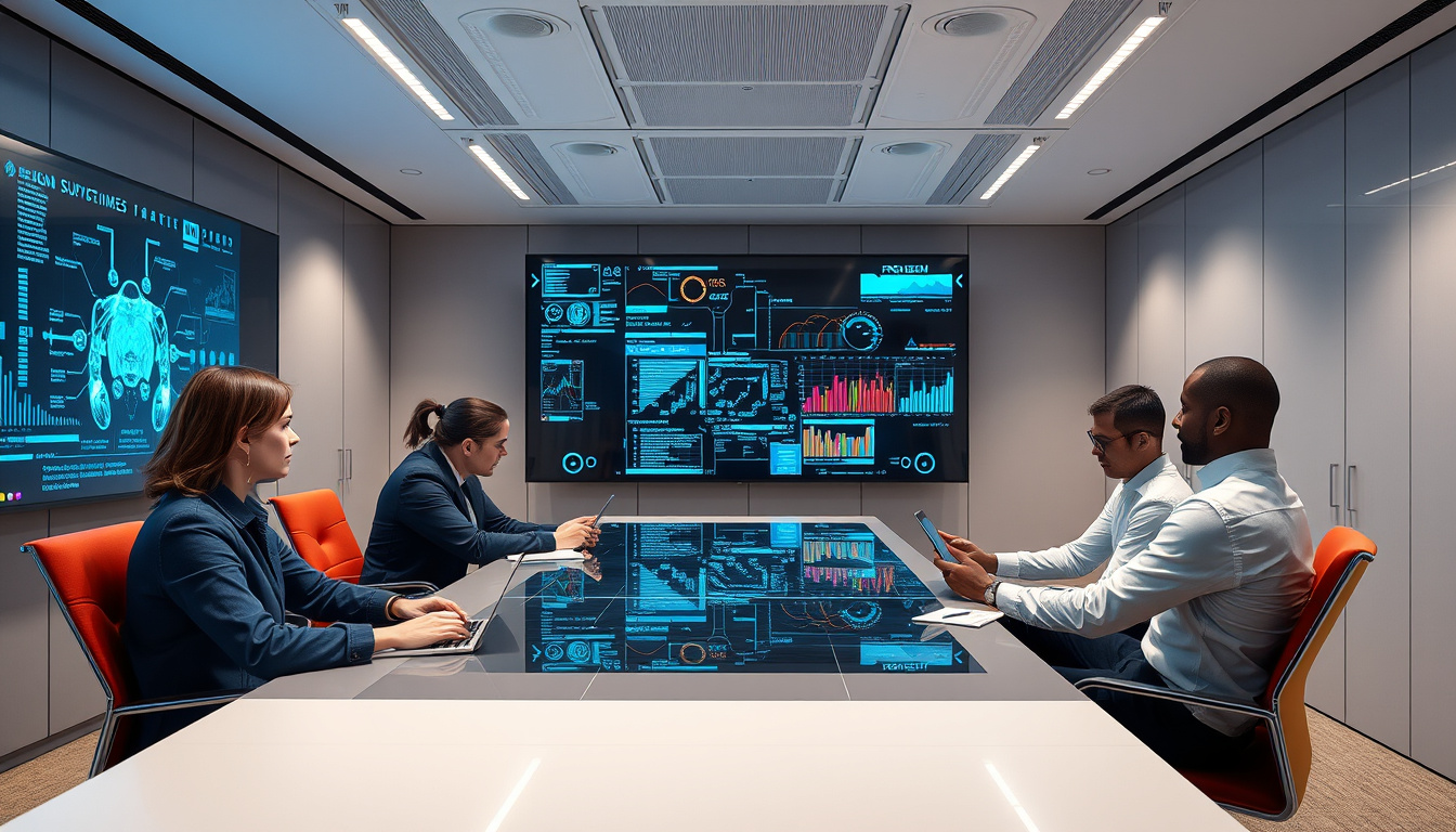  modern business meeting with AI systems, data streams, interactive screens, seamless human-AI cooperation