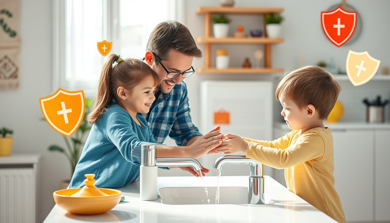  Parents teaching kids handwashing hygiene, vibrant home setting, safety shields floating around